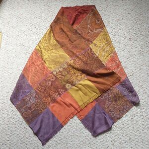 Kenzo Scarf Unisex Patchwork Multicolor Floral Woven Wool Silk Blend Fringes